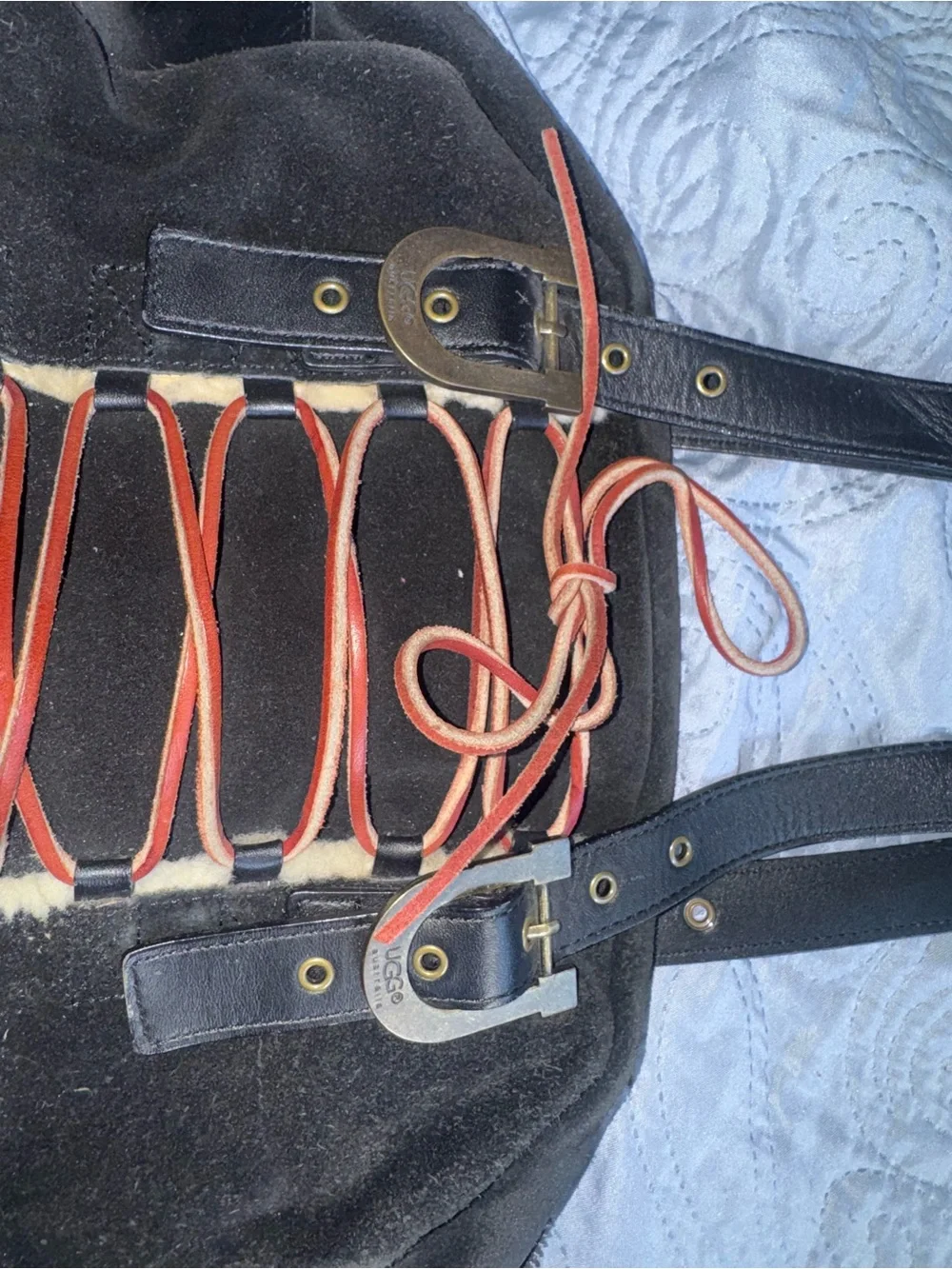 UGG Black Suede Shoulder Bag with Tan Lace-Up Detail